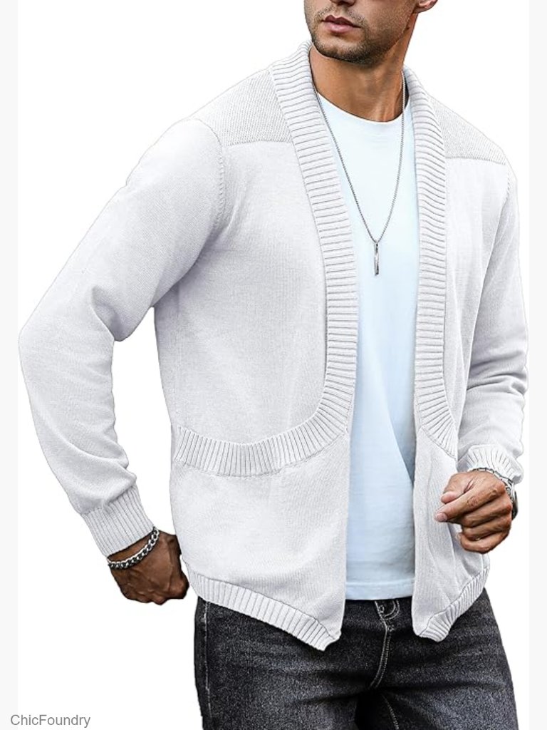 Shawl Collar Long Sleeve Cardigan Knit Open Front With Pockets